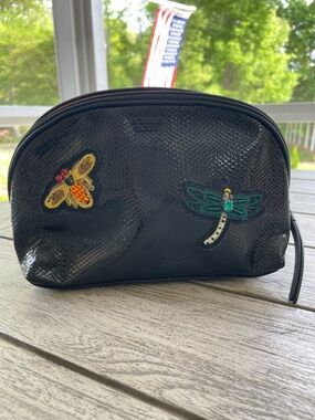 Victoria's Secret Black Textured Cosmetic Pouch with Insect Embellishments